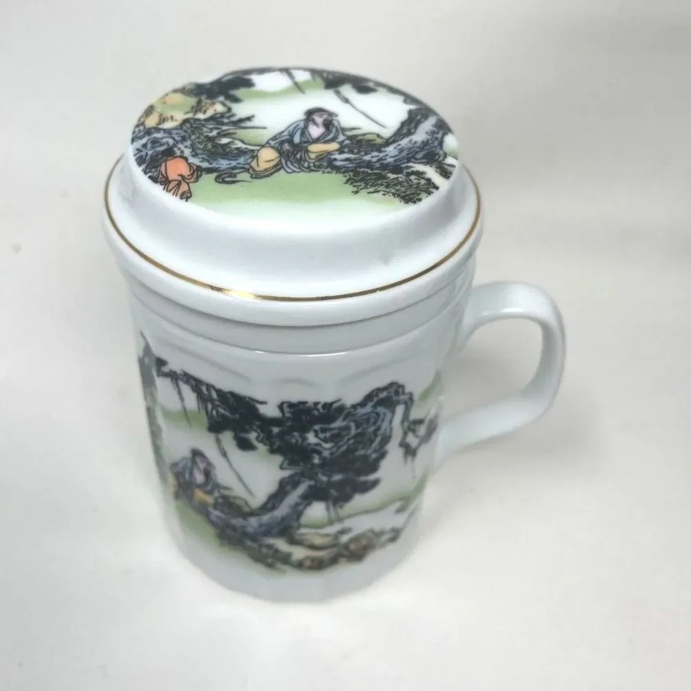 World Market Set Loose Tea Cup Lid Diffuser Mug Misty Rose Coll. Chinese Scene